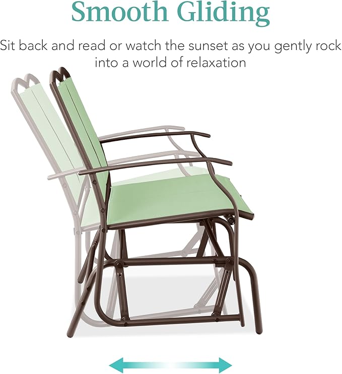 Best Choice Products 2-Person Outdoor Patio Swing Glider Steel Bench Loveseat Rocker for Deck, Porch w/Textilene Fabric, Steel Frame - Sage Green/Brown