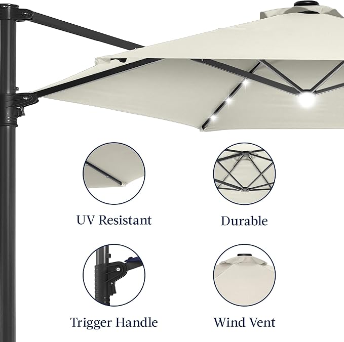 Best Choice Products 10ft Solar LED Offset Cantilever Hanging Market Patio Umbrella, Smooth 360° Rotation, 8 Sturdy Ribs, Easy Adjustment - Ivory
