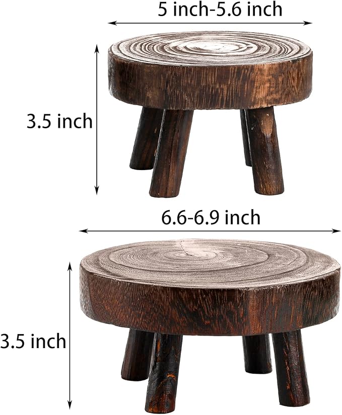 TOPZEA Set of 2 Mini Wooden Stool Display Stand, Wood Riser for Bonsai, Flower Pot, Small Potted Plant Stands Round Rustic Planter Stools Pedestal Risers for Garden, Patio, Home