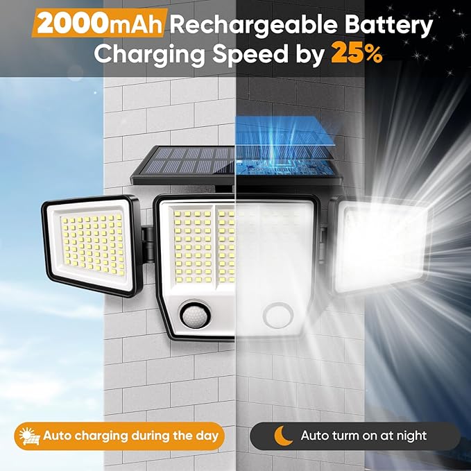 Solar Lights Outdoor Waterproof Motion Sensor - 416 LEDs 3000 Lumens Super Bright 3 Brightness 3 Modes 2400mAh 360° Illumination 32ft Solar Flood Security Light for Outside (Classic, 2)
