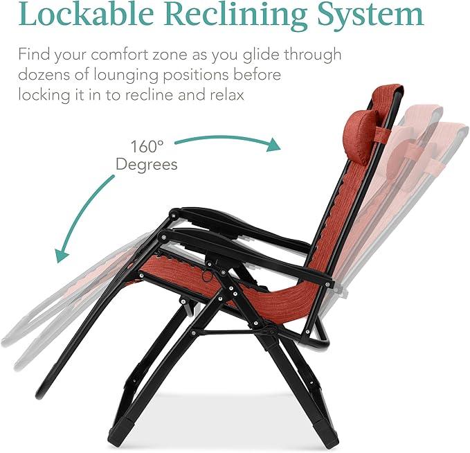 Best Choice Products Oversized Zero Gravity Chair, Folding Outdoor Patio Recliner, XL Anti Gravity Lounger w/Removable Cushion, Cup Holder, Side Tray, 350lb Capacity - Burnt Orange