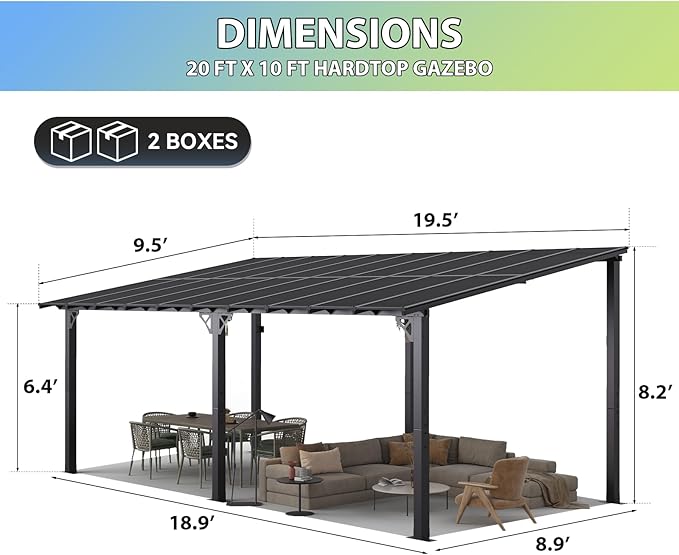 Aoxun 20'x10' Gazebo for Patio, Premium Pergola with Sloped Roof, Large Wall-Mounted Heavy Duty Awnings, for Backyard, Patio, Deck and More