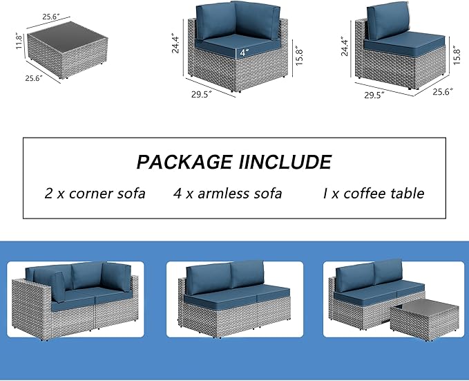Shintenchi 7 Pieces Outdoor Patio Furniture Sets, Patio Sectional Sofa Couch, Silver Gray PE Wicker Furniture Modular Patio Conversation Sets Patio Sofa with Washable Cushions (Aegean Blue)