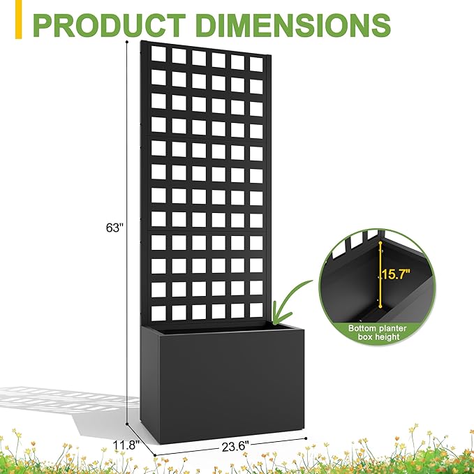 FENCY Metal Planter Box with Trellis, Planter Trellis for Climbing Plants Vegetable Vines, Trellis with Planter Box & Privacy Screen, Raised Garden Bed with Drainage Holes (23.6" L x 63" H/Lattice)