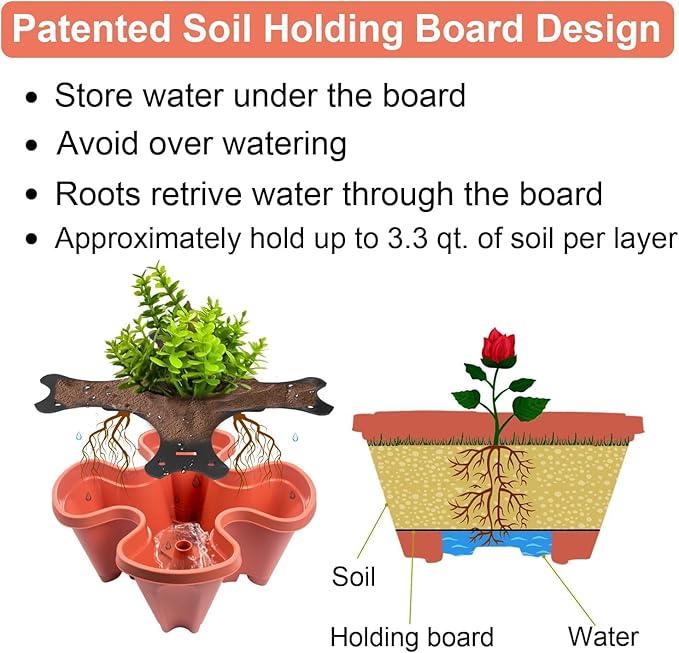Vertical Planter 3 Tier Stackable Planters Garden Planters Strawberry Herb Flower and Vegetable Planter Indoor Outdoor Gardening Pots with Removable Wheels and Tools
