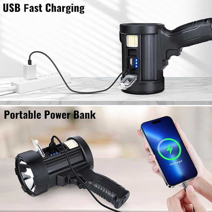 Rechargeable Spotlight,99,000 LM Super Bright Handheld Spot Light LED Flashlight High Lumens,Powered Spotlight Large Searchlight Outdoor with Solar Panels & COB Light for Boat Camping Hunting