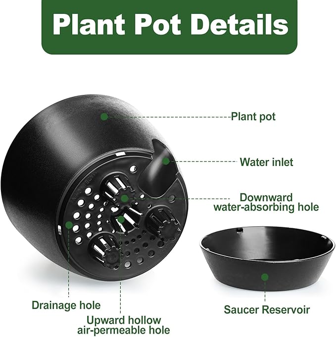 Self Watering Pots Set, 5 Pack 6 Inch Self Watering Pots for Indoor Outdoor Plants, Plastic Planter with Drainage Holes and Deep Reservoir for African Violet, Spider, Orchid