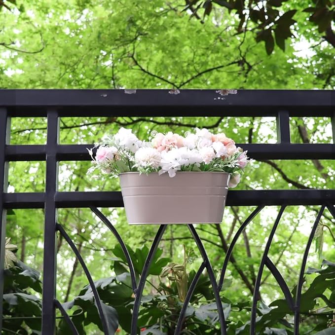3 Pack Metal Railing Planters, 10.5" Oval Hanging Flower Pots with Detachable Hooks & Drainage Holes, Fits Rails up to 2.36", Galvanized Iron Fence Bucket for Balcony Garden Patio - Gray