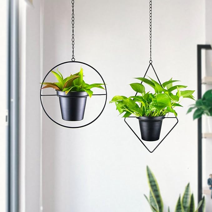 Metal Hanging Planters, Modern Plant Hanger with 5 inch Flower Pot, Set of 2 Black Plant Holder in Diamond and Round Shape, Small Wall and Ceiling Planter for Indoor Plants, Home Décor