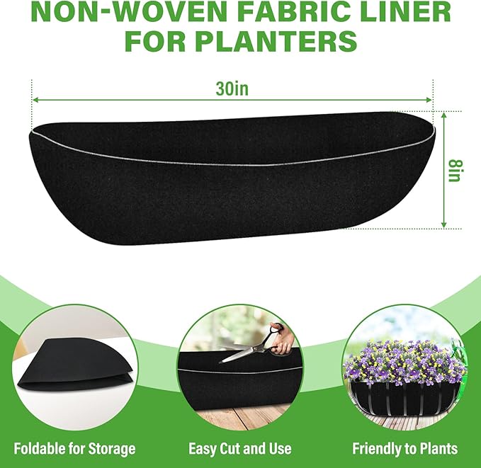 Riare 6 Pack 30 Inch Black Felt Window Box Liners- Fabric Trough Planter Basket Liners Replacement, Non-Woven Hanging Plant Liner for Wall Hanging Basket, Garden Fence Railing (Avoid Bird Nesting)