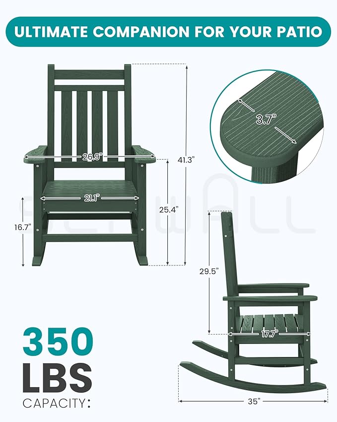 SERWALL HDPE Outdoor Rocking Chair Set of 6, Patio Rocking Chairs for Adults, All Weather Outdoor Rockers for Lawn, Green