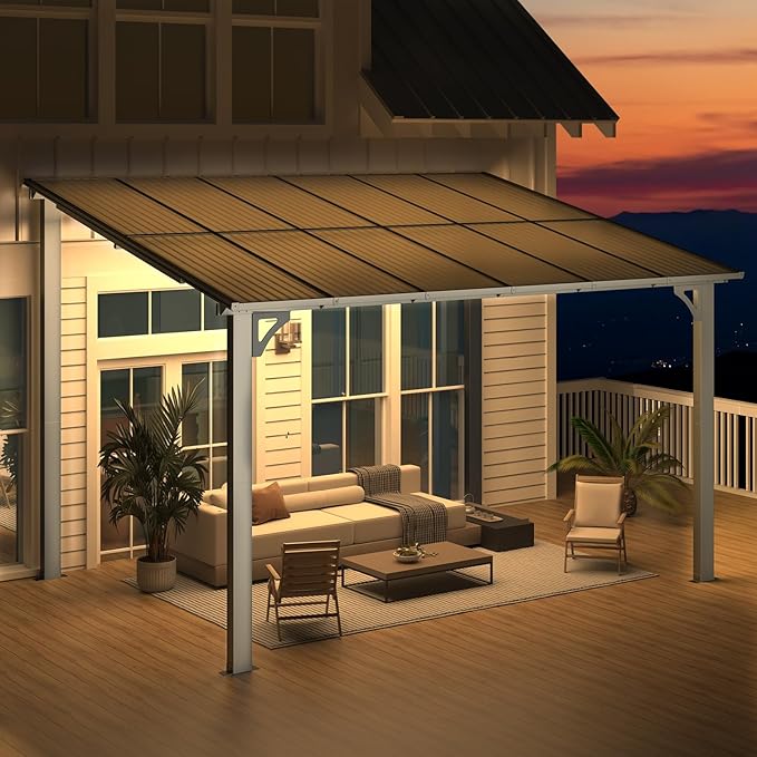 AECOJOY 12' x 8' Gazebo Outdoor Pergola for Patio, 8'x12' Hard Top Lean to Pergolas and Gazebos Clearance with Patio Roof Shelter, Large Wall-Mounted Heavy Duty Awnings for Decks, Backyard
