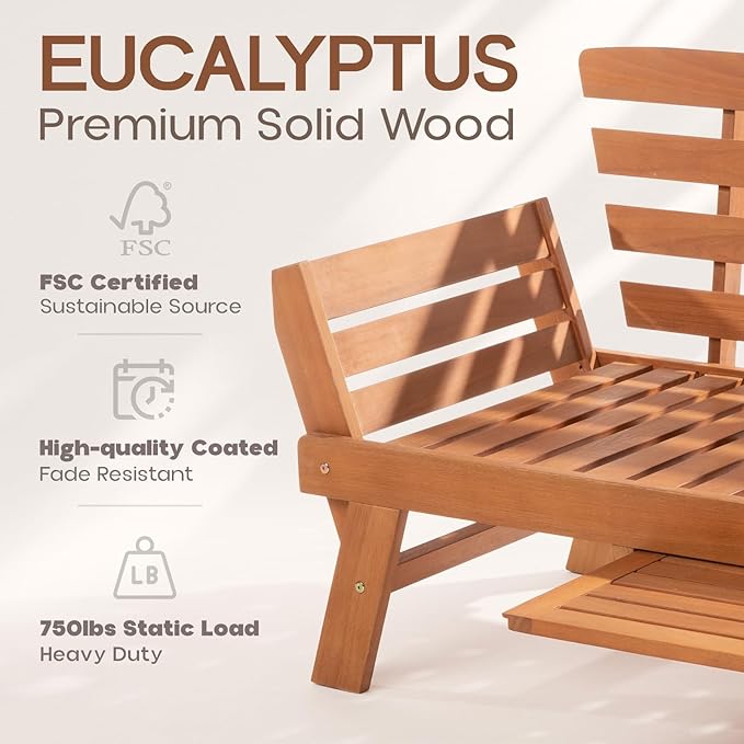 IDZO Amelie Eucalyptus Convertible Outdoor Sofa, 750lbs Capacity Patio Couch with Folding Armrest & Coffee Tray, FSC Certified Wood Furniture Set with 3 Pillows, High Static Load - Gray
