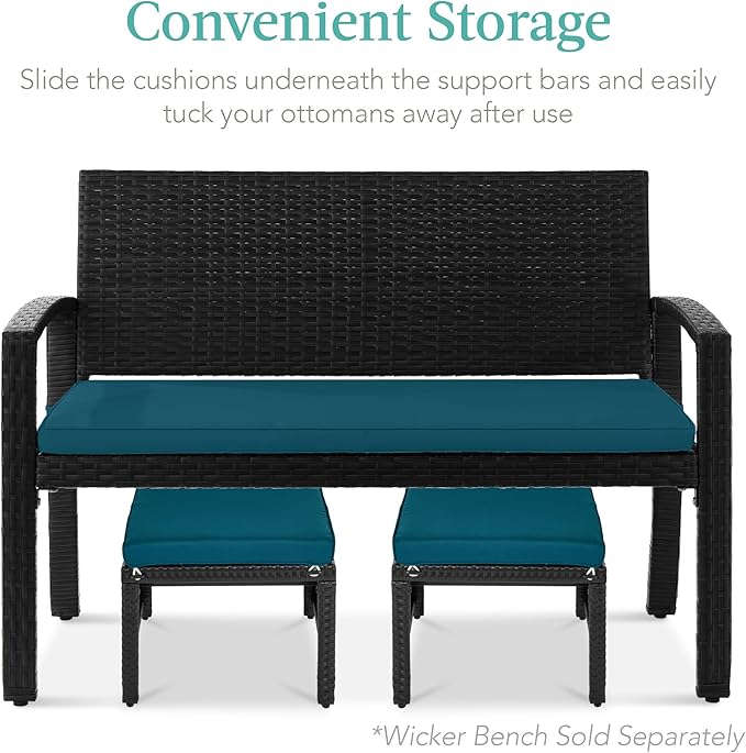 Best Choice Products Set of 2 Wicker Ottomans, Multipurpose Outdoor Furniture for Patio, Backyard, Additional Seating, Footrest, Side Table w/Removable Cushions, Steel Frame - Peacock Blue/Black