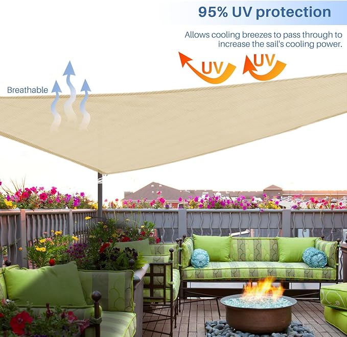 E&K Sunrise 26' x 26' x 26' Sun Shade Sail Triangle Canopy Shade Cover UV Block for Patio Backyard Garden Outdoor (Sand)