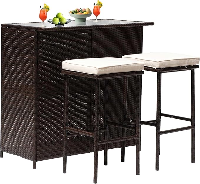PayLessHere Rattan Bar Set 3Pcs Patio Wicker Bistro Set Sturdy Frame Bar Height Table with Glass Table Top Storage Shelves 2 Bar Stools for Patio Poolside Porch Outdoor Indoor, Khaki (Khaki)