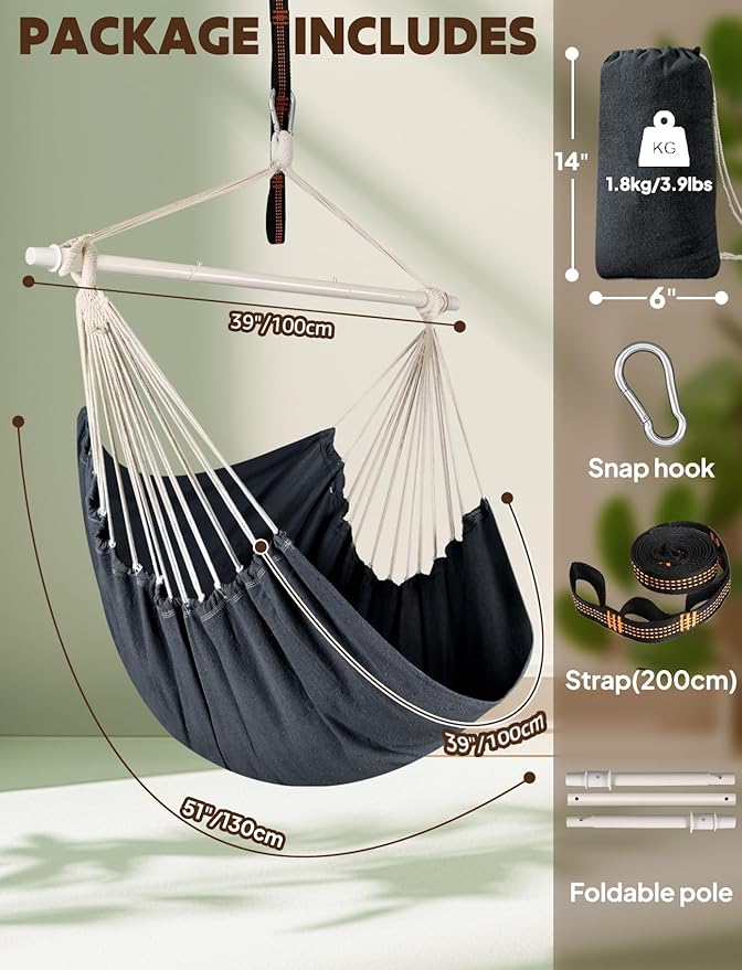 Chihee Hammock Chair Swing - Strong Metal, Collapsible, Portable, Max 500 lbs, Comfy Seat, Patio & Lawn, Cotton Blended, Indoor/Outdoor