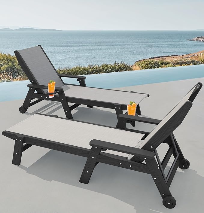 SERWALL Textilene Patio Chaise Lounge Chair Set of 2, 5 Positions Outdoor Lounger with Rolling Wheels for Pool, Deck, Black