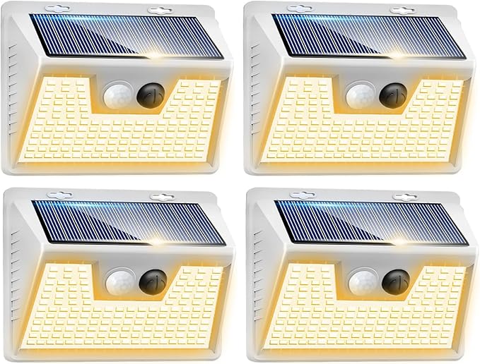 Peasur Solar Lights Outdoor Motion Sensor Waterproof, 4Pack 140LED White Solar Powered Fence Lights, 3 Modes Security Wall Lights for Garden Yard Outside Warm