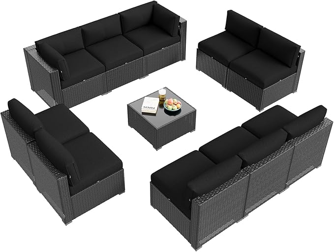 Aoxun Patio Furniture Set, 11 Piece Outdoor Sectional Sofas with Waterproof Cover, 10 Seats Wicker Rattan Outdoor Furniture Patio Conversation Set for Backyard, Garden Black