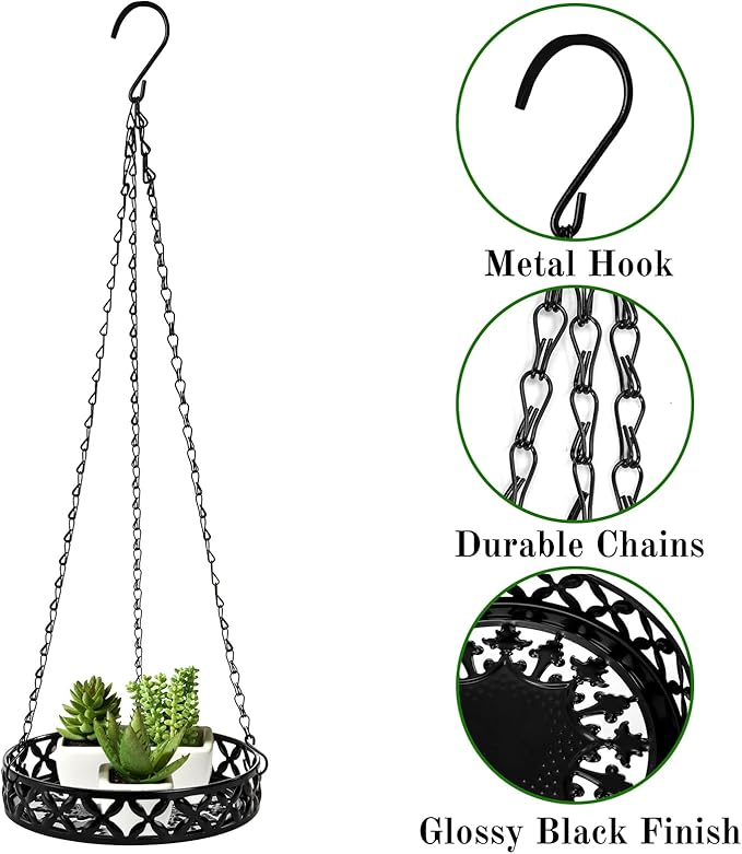 2 Pack Hanging Planters, 9.8 Inch Metal Plant Hanger, Decorative Glossy Black Plant Pot Holder, Planter Hanging Baskets with Chains and Hooks for Indoor or Outdoor Balcony Porch Home Decor