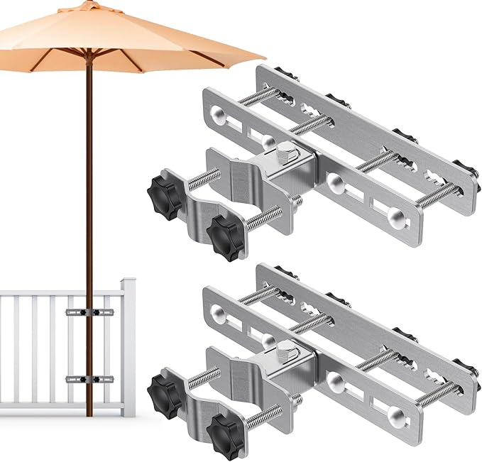 Heavy Duty Deck Railing Umbrella Holder, Adjustable Patio Umbrella Stand for 1-2 Inch Poles, Secure & Sturdy Railing Grille Mount, Maximizes Outdoor Space