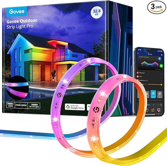 Govee Outdoor LED Strip Lights RGBIC with Warm and Cold White, 32.8ft 2.4G WiFi Smart Outdoor Lights, IP65 Waterproof, Work with Alexa and Google Assistant, App Control, for Porch, Patio, Eave, Party