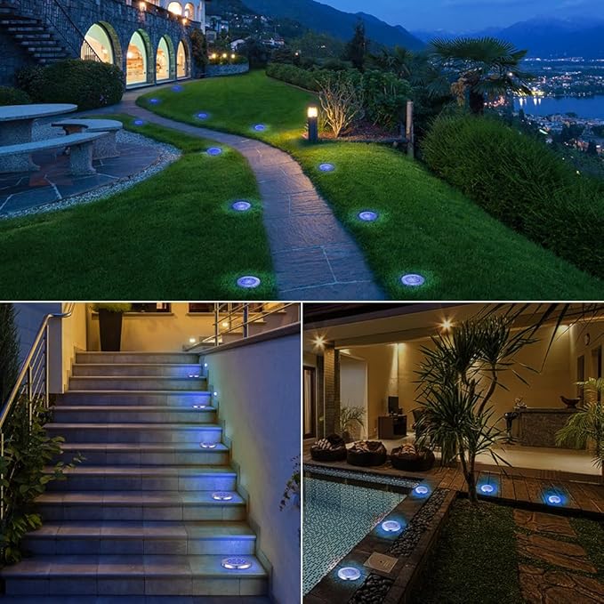 LYHOPE Solar Ground Lights Outdoor, 8 Pack 8 LED Solar Disk Lights Waterproof Garden In-ground Pathway Light Landscape Lighting for Lawn,Yard,Deck,Patio,Walkway (Blue)