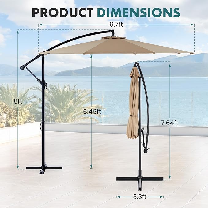 OLIXIS Offset Patio Umbrella, 9.7FT Cantilever Table Umbrellas for Outdoor Sun Shade UV Protection with Easy Tilt Adjustment, 8 Ribs for Backyard, Lawn, Garden, Pool - Khaki