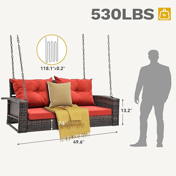 DWVO Hanging Porch Swing Chair Outdoor Wicker Rattan Patio Swing Lounge 2 Seats Cushions Capacity 530lbs for Balcony, Garden, Living Room, Brown Rattan Red Cushion