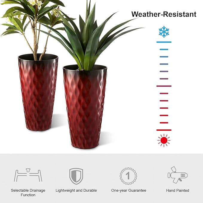 Glitzhome 23.75" H Tall Outdoor Planter, Set of 2 Wavy Texture Red Large Planters for Outdoor Plants, with Drainage Hole, Plastic Round Decorative Tall Flower Pots for Indoor Outdoor, Front Porch