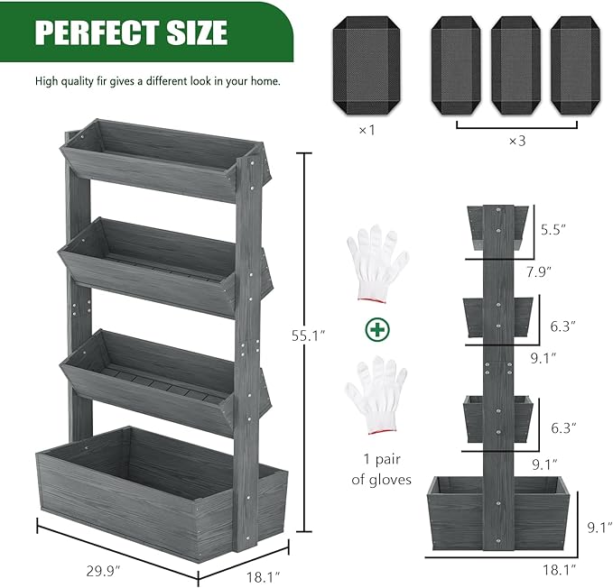 Wooden Vertical Raised Garden Bed, 4 Tier Garden Planters Raised Beds Freestanding Plant Stand Flower Rack Wooden Planter Box for Plants Herbs Flowers Vegetables Outdoor Indoor Gardening