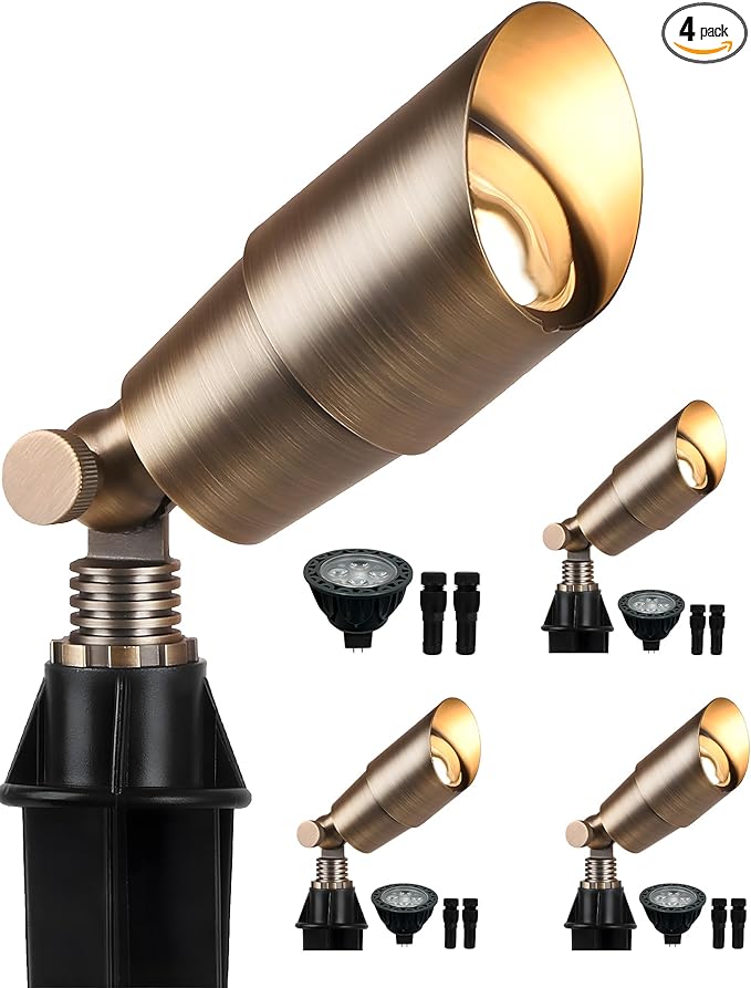 PARTPHONER Solid Brass Low Voltage Landscape Lighting, Wired 12V LED Landscape Spotlights with Aluminum Housing MR16 Bulb, Heavy Duty Outdoor Waterproof Up Lights for Garden, Yard, Trees, 4Pack