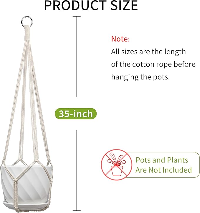 Macrame Plant Hanger, Fits 4-13 Inch Pots, Boho Hanging Plant Holder for Indoor Outdoor, 35 Inch, Set of 2, White (No Flowerpot)