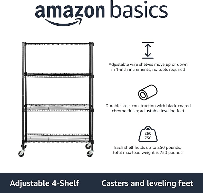 Amazon Basics 4-Shelf Heavy Duty Garage Shelving Storage Unit on 3" Wheel Casters, Adjustable Metal Wire Rack with Leveling Feet, 36" x 14" x 57.75", Black