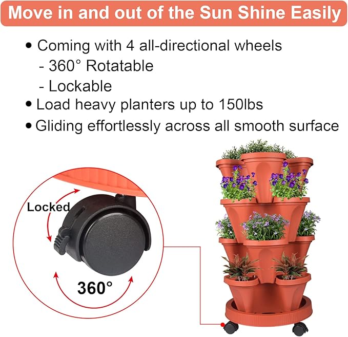 GameXcel Vertical Planter 4 Tier Stackable Planters Garden Planters Strawberry Herb Flower and Vegetable Planter Indoor Outdoor Gardening Pots with Removable Wheels and Tools 2-Pack