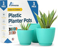 Aqua Plant Pots with Drainage Holes & Saucers 3 Pack, Indoor & Outdoor Stackable Space-Saving Planters for Houseplants & Flowers, (7", 6.7", and 6" Inches), Durable & Weatherproof Materials