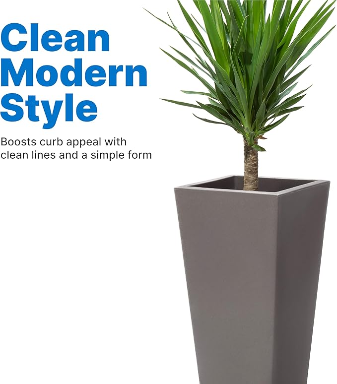 Step2 Tremont Tall Square Tapered Planter, Large Planters for Outdoor Plants, Gardening and Flower Pot for Patio or Porch, Efficient Drainage, Durable Plastic, Dark Cedar, 2-Pack