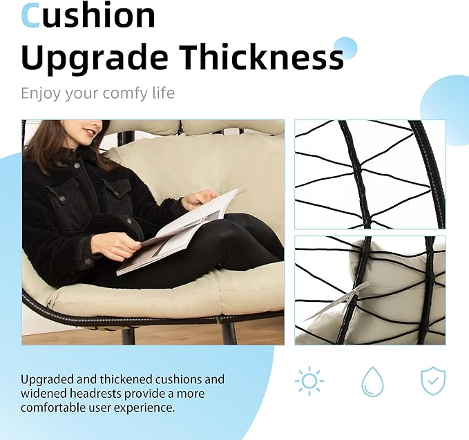 Double Egg Chair with Stand Hammock Swing Chair Foldable Hanging Loveseat, UV Resistant Removable Cushions, 700LBS Capacity for Bedroom, Balcony, Garden(BK-BE)
