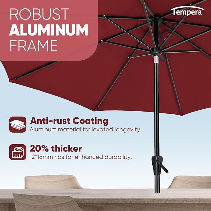 Tempera Patio Market Outdoor Table Umbrella with Auto Tilt and Crank, Large Sun Umbrella with Sturdy Pole & Fade Resistant Canopy, Easy to Set
