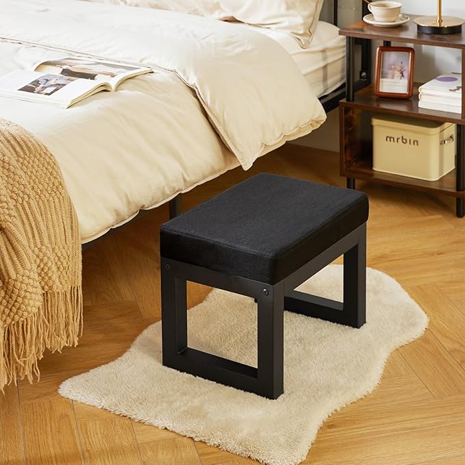 IBUYKE 16 Inch Small Foot Stool Ottoman, Rectangle Linen Foot Rest with Padded Seat and Metal Legs, Modern Ottoman Foot Rest for Living Room Bedroom Entryway Couch, Black WBD001B