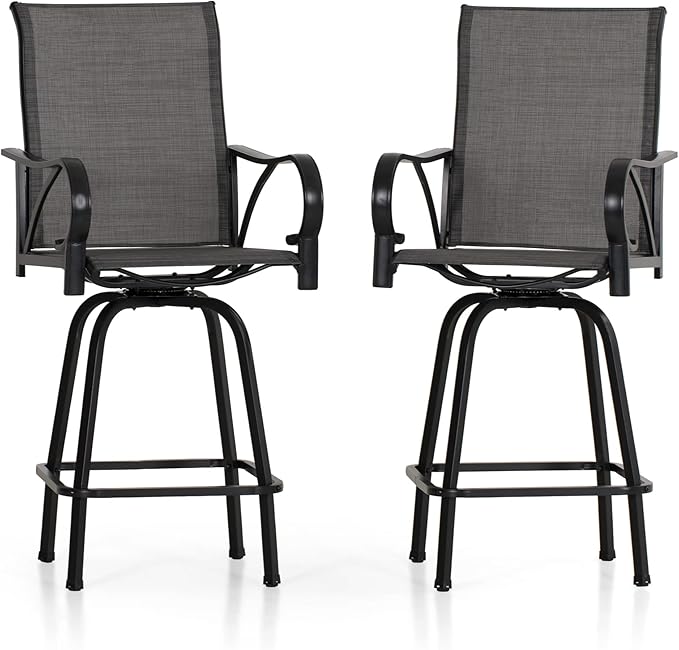 PHI VILLA Outdoor Bar Stools Swivel Set of 2, Outdoor Bar Height Tall Patio Chairs Grey with Armrest, High Top Patio Stools & Chairs with Sling Fabric for Outside Kitchen