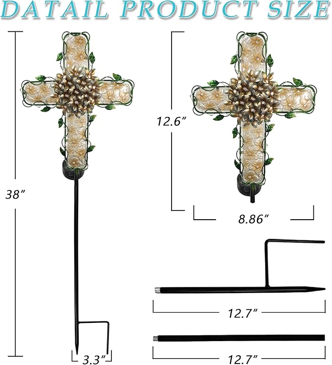 38inch Cross Garden Solar Lights Outdoor Decorative - Solar Metal&Glass Cross Apricot Hydrangea Flower Stake Lights- Waterproof 20 White LED for Remembrance Gifts & Sympathy Gifts