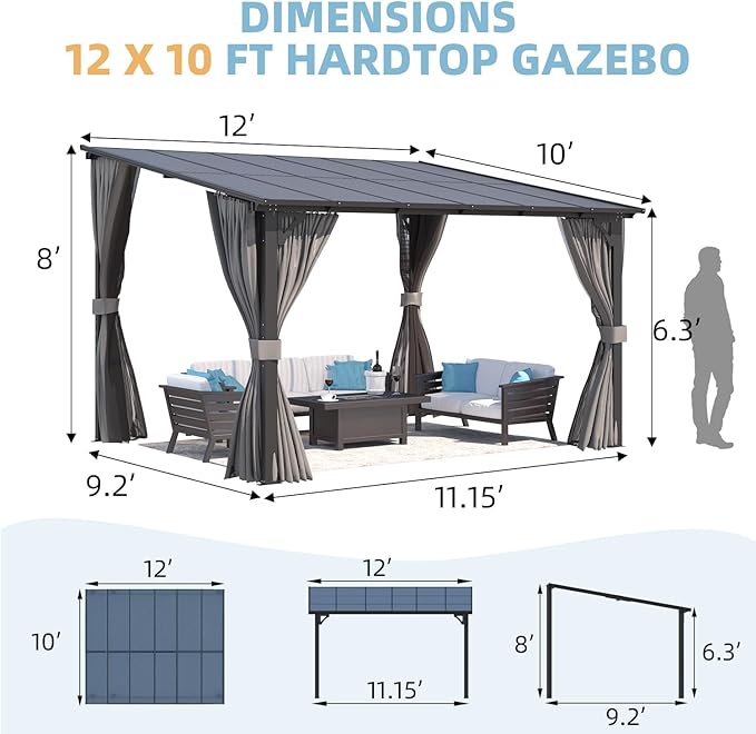 AECOJOY Wall Gazebo 12’ x 10’ with Curtains and Mosquito Netting, 10'x12' Hard Top Gazebos Pergola on Clearance, Outdoor Patio Lean to Gazebo Canopy Awnings for Deck, Porch, Backyard and Outside