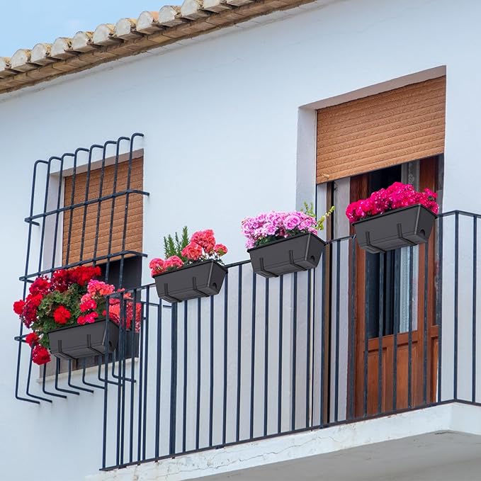 smusei 4 Pack 17 Inch Deck Railing Planter Boxes Window Boxes Planters Adjustable Balcony Planters Railing Hanging, Rectangular Fence Deck Rail Planter for Outdoor Plants Flower Pots Herb