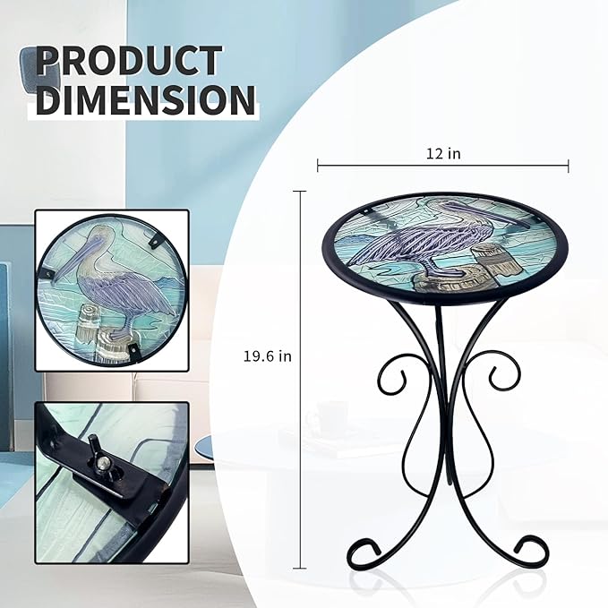 LIFFY Outdoor Side Table, 12" Glass Pelican Tabletop Patio Tables with Metal Frame, 21" Height Indoor Small Round Home Decorative Plant Stand Outside for Garden Patio Yard Porch