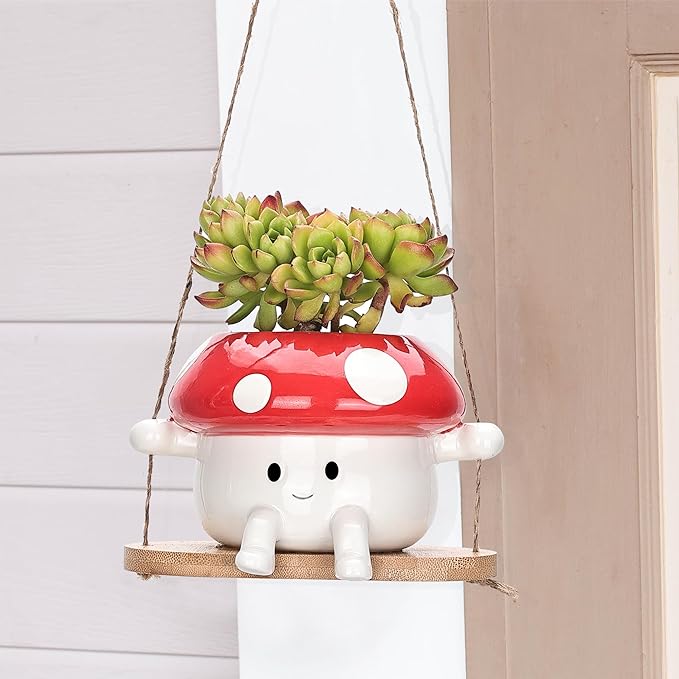 Fungi Fun Mushroom Hanging Planter Pot, Cute Ceramic Swing Face Planter for Indoor & Outdoor, Unique Mushroom Planters for Succulents, String of Pearls Plant, Small Hanging Planters Red & White