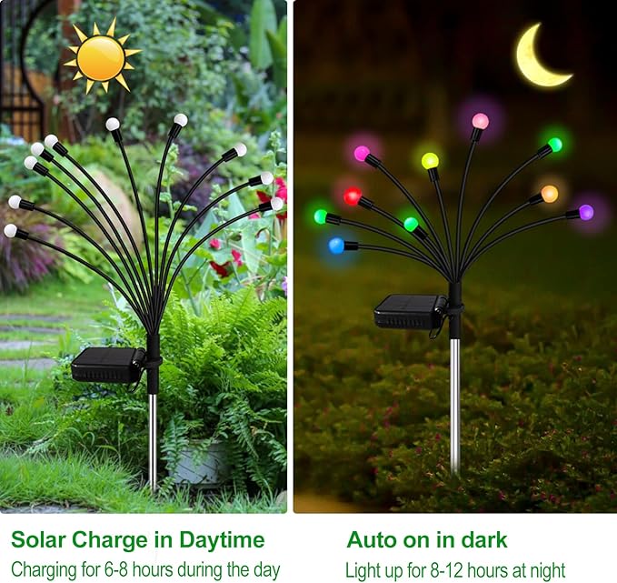 Solar Garden Lights Outdoor, 2 Pack 20 LED Solar Firefly Lights Waterproof, Sway by Wind, Swaying Light for Yard Patio Backyard Garden Planter Flower Bed Pathway Outdoor Decoration (Multicolor)