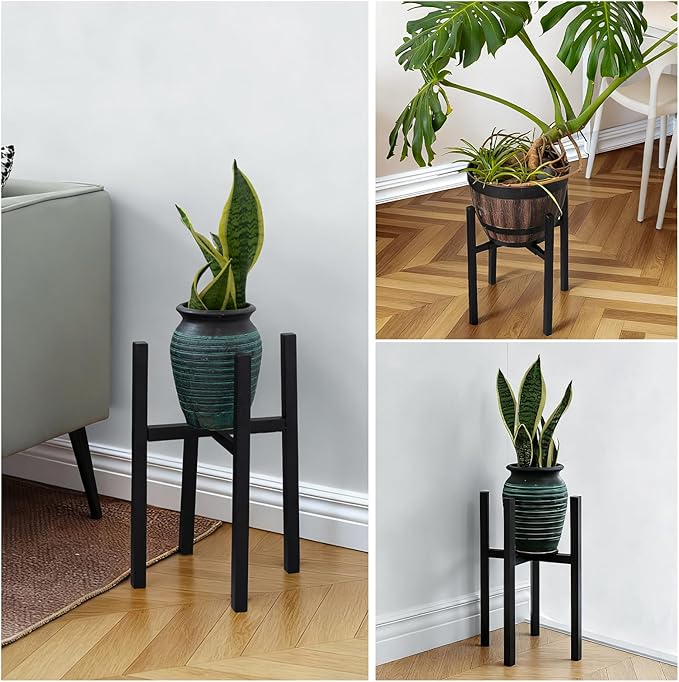 Adjustable Plant Stand Indoor Outdoor, Metal Plant Stand 9 to 15 Inches, Mid Century Modern Floor Flower Pots Stand, Plant Holder for Home Garden Decor Load Bearing 160 LB Black