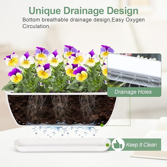 4-Piece White Rectangular Window Sill Planters with Drainage Holes and Trays (11 Inches) for Basil, Orchids, and Succulents Modern Herb Garden Planters Suitable for Indoor/Outdoor Plants
